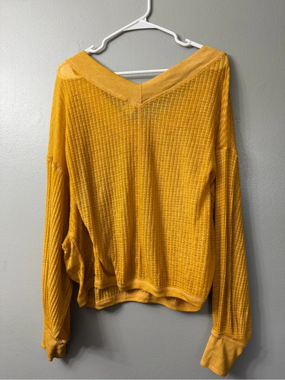 We The Free Mustard Yellow Waffle Knit Deep V-neck Loose Long Sleeve Top small